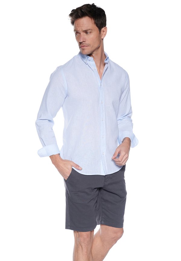 Leinen-Hemd Slim Fit, Blau Frontansicht