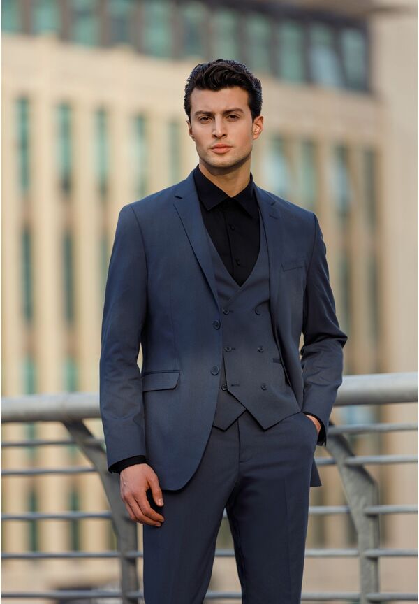 Business Anzug 3-teilig Dreiteiler mit Weste, graublau