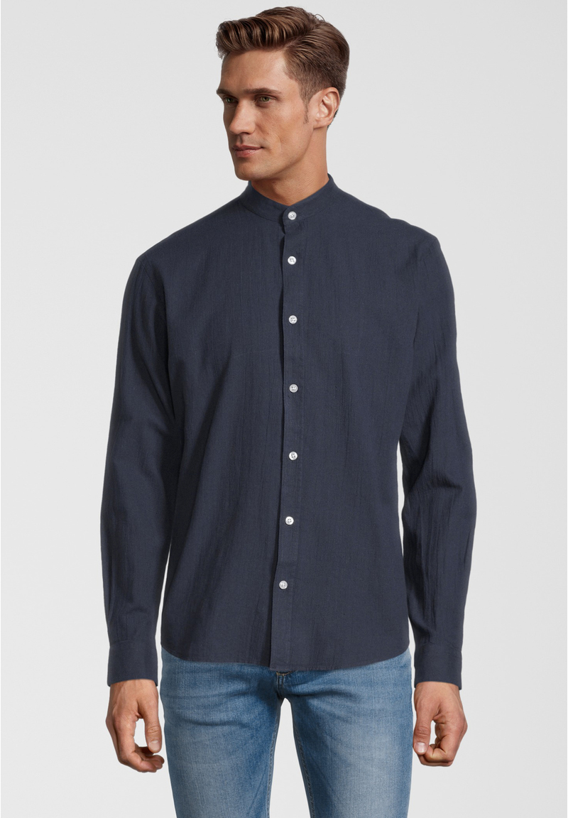 Hemd Stehbund Leinen-Mix, Marine Frontansicht
